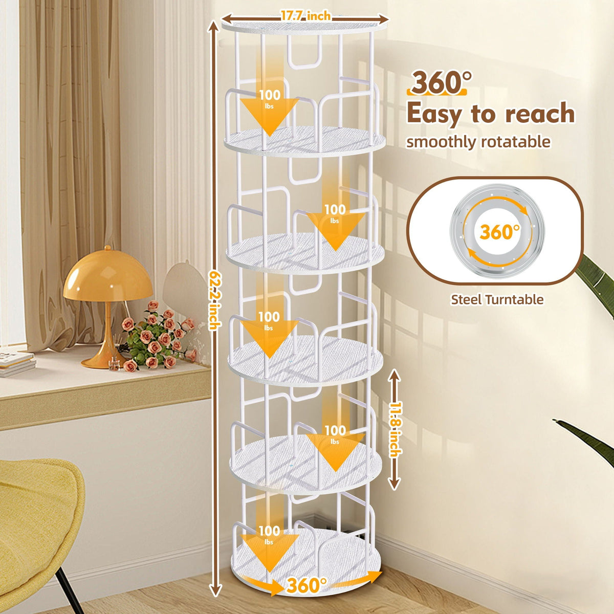 5-Tier 360° Rotating Bookcase & Storage Tower