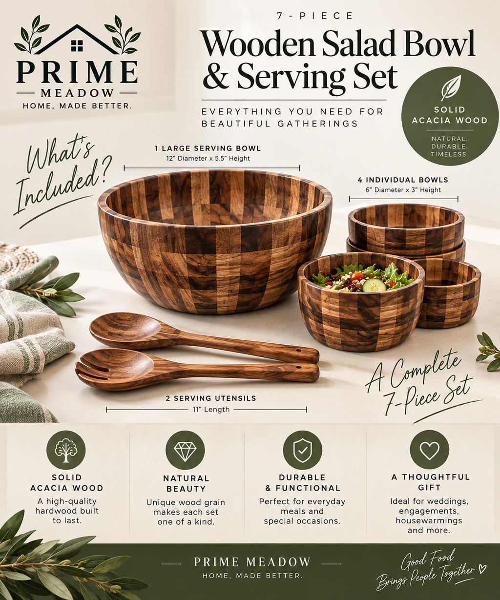 7-Piece Wooden Salad Bowl & Serving Set