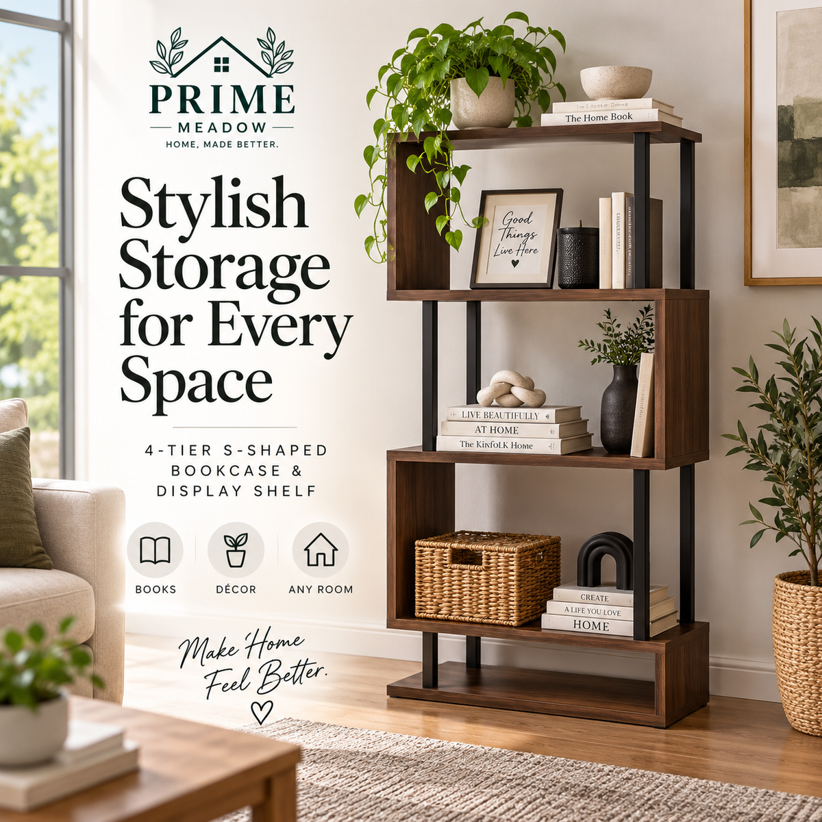 4-Tier S-Shaped Bookcase & Display Shelf