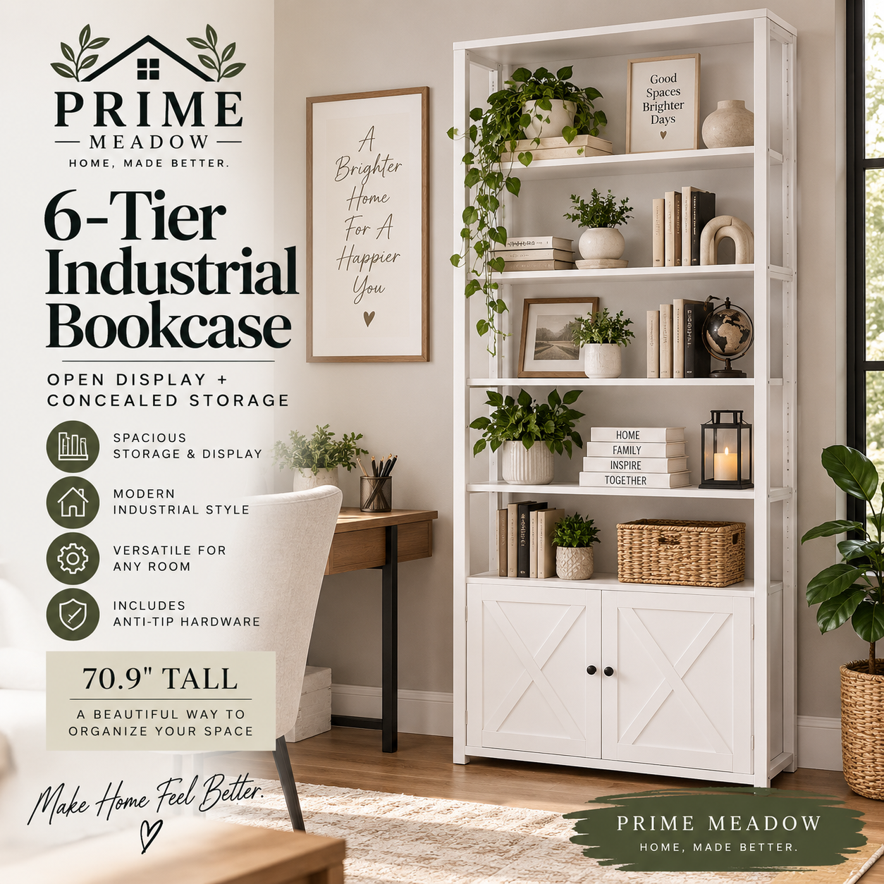 6-Tier Industrial Bookcase with Storage Doors