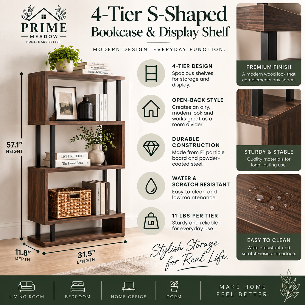 4-Tier S-Shaped Bookcase & Display Shelf