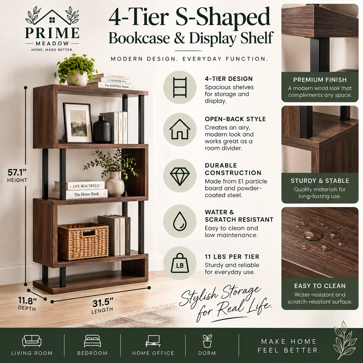 4-Tier S-Shaped Bookcase & Display Shelf